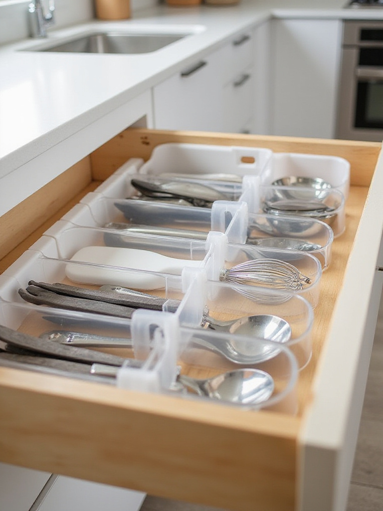 Kitchen drawer with clear acrylic dividers organizing utensils.
