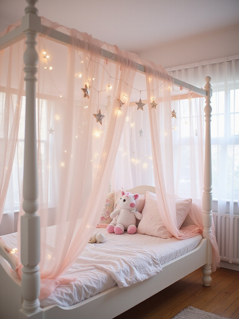 Dreamy girl's bedroom with a pink chiffon canopy bed and fairytale decor.