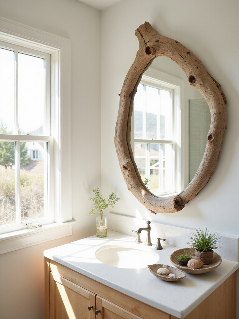 Coastal bathroom vanity with driftwood mirror and decorative driftwood elements