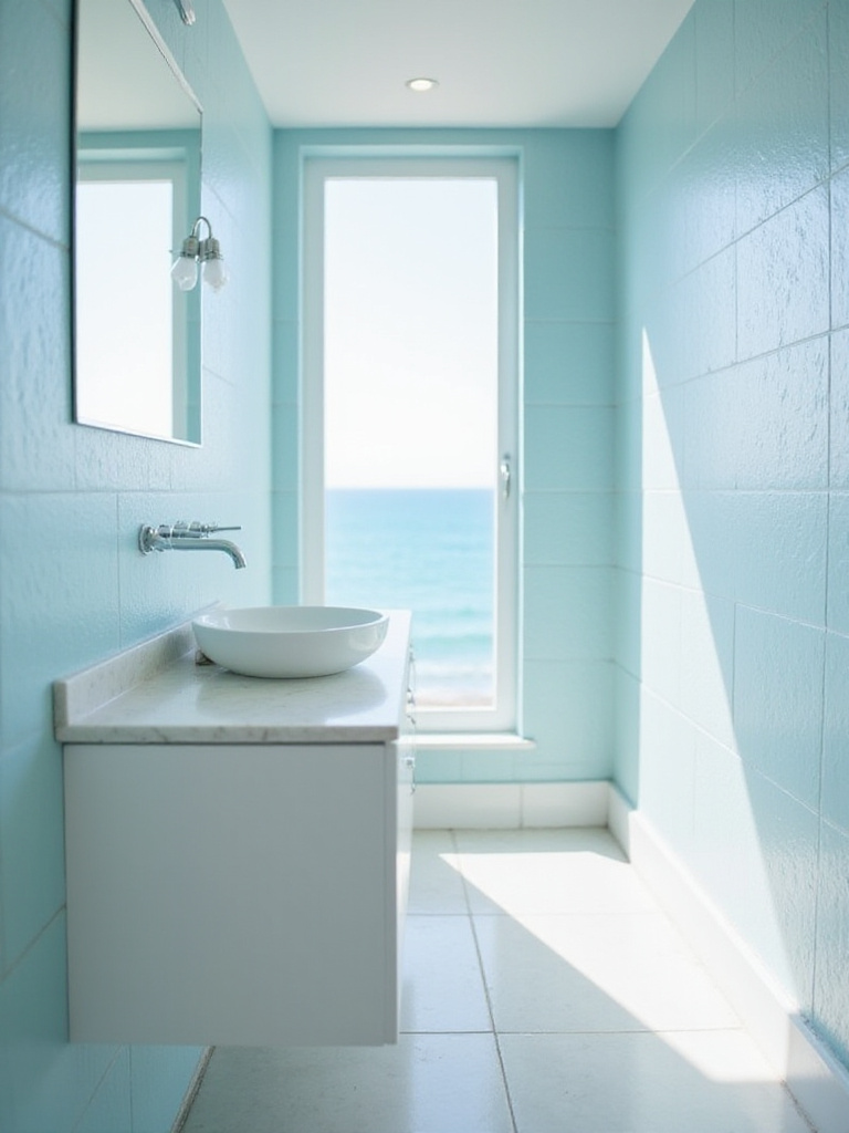 Bright beach bathroom featuring easy-to-clean light blue tile walls and a white quartz countertop.