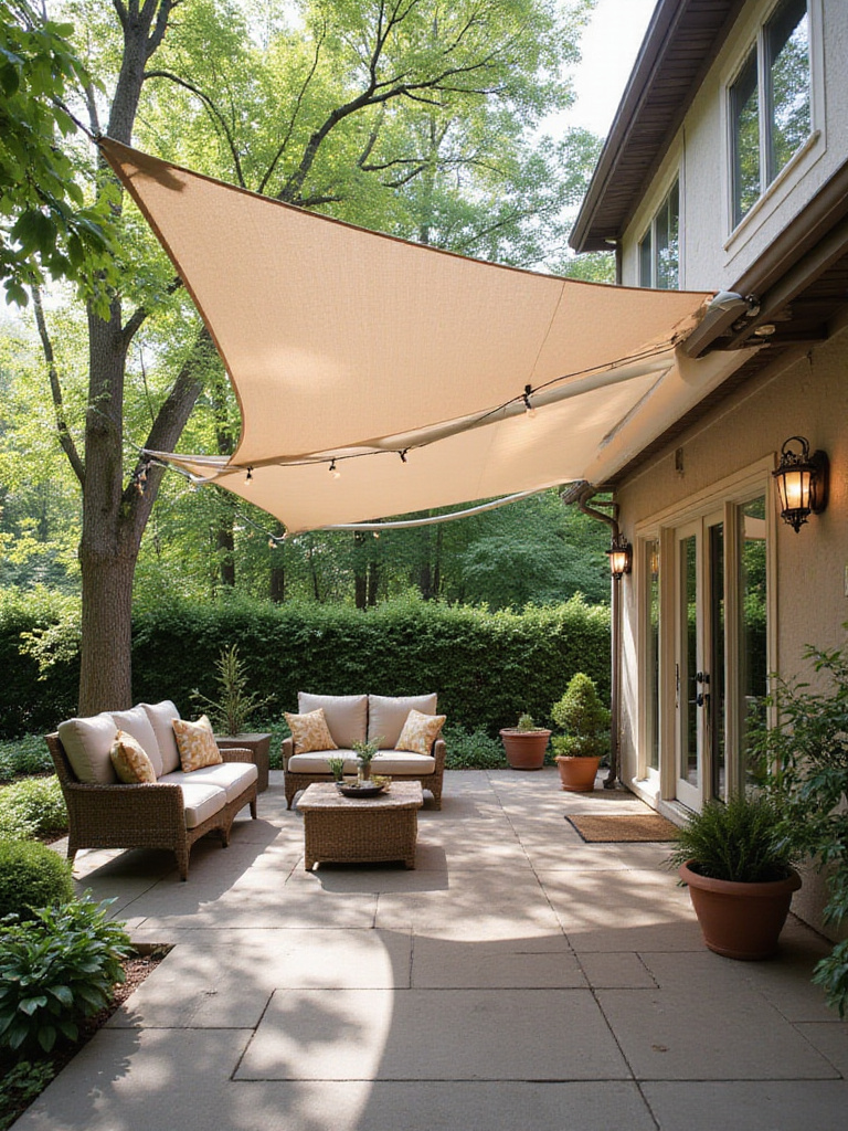 Backyard patio with retractable awning providing shade and weather protection for all-season enjoyment