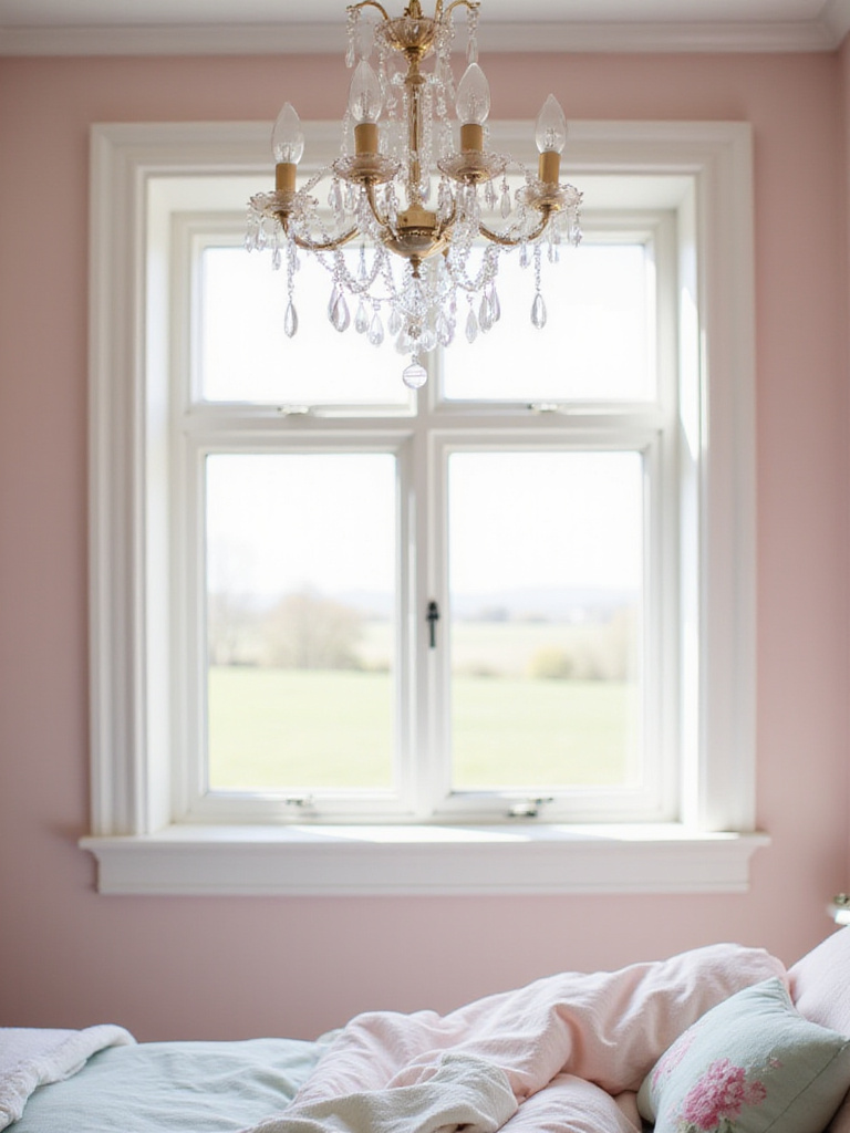 Elegant crystal chandelier hanging in a girl's bedroom
