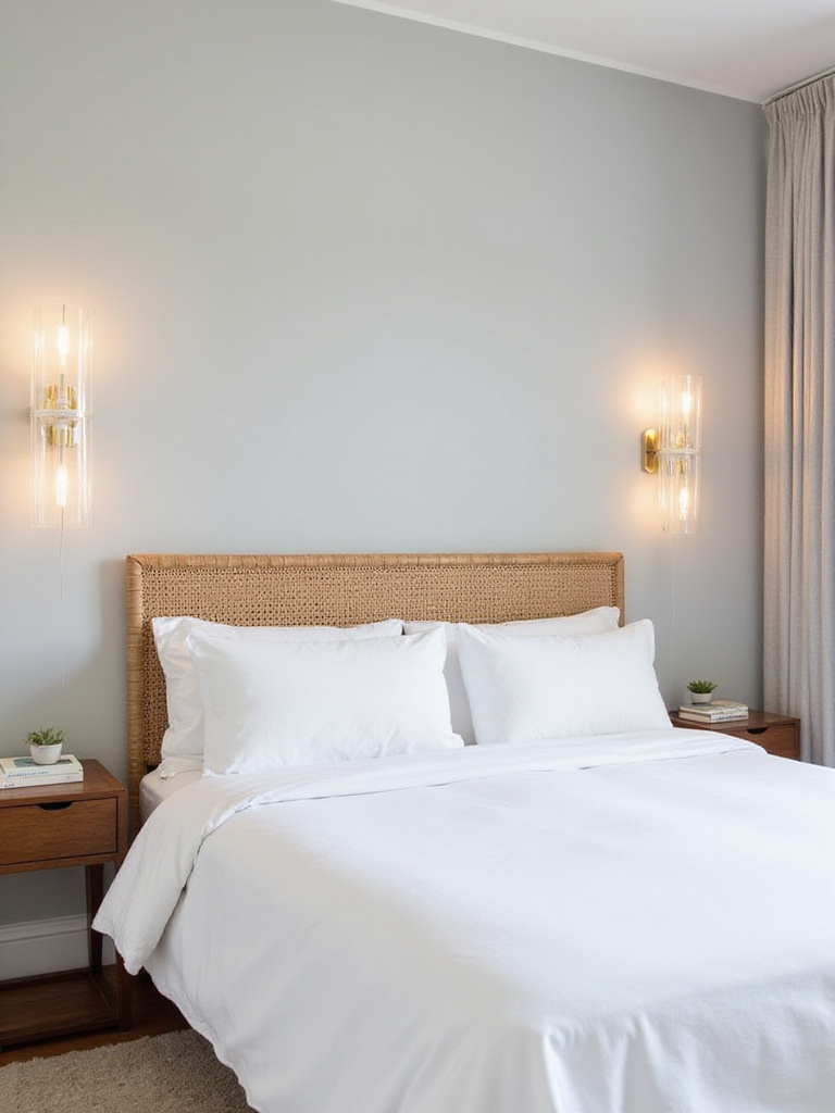 Bedroom featuring elegant wall sconces flanking a bed, providing soft ambient lighting.