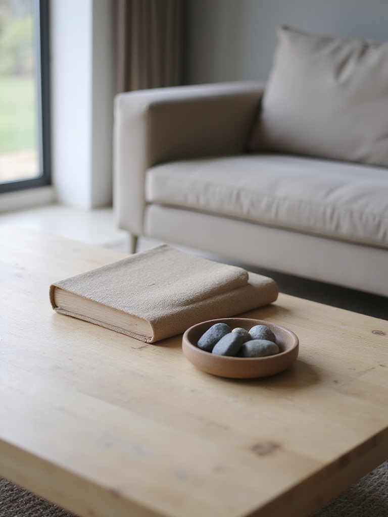 Minimalist coffee table decor with a coffee table book and river stones