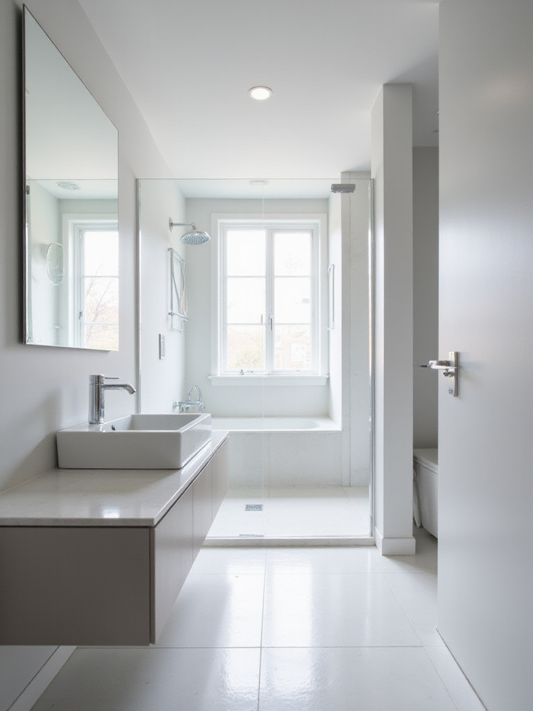 Modern minimalist bathroom with clean lines and clutter-free surfaces.