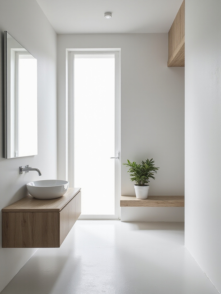 Minimalist bathroom design with floating vanity, frameless mirror, neutral color palette, and potted plant.