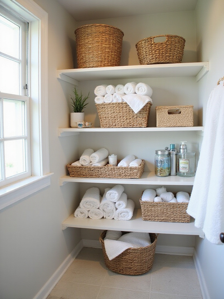 Woven baskets on bathroom shelves provide stylish and functional small bathroom storage.