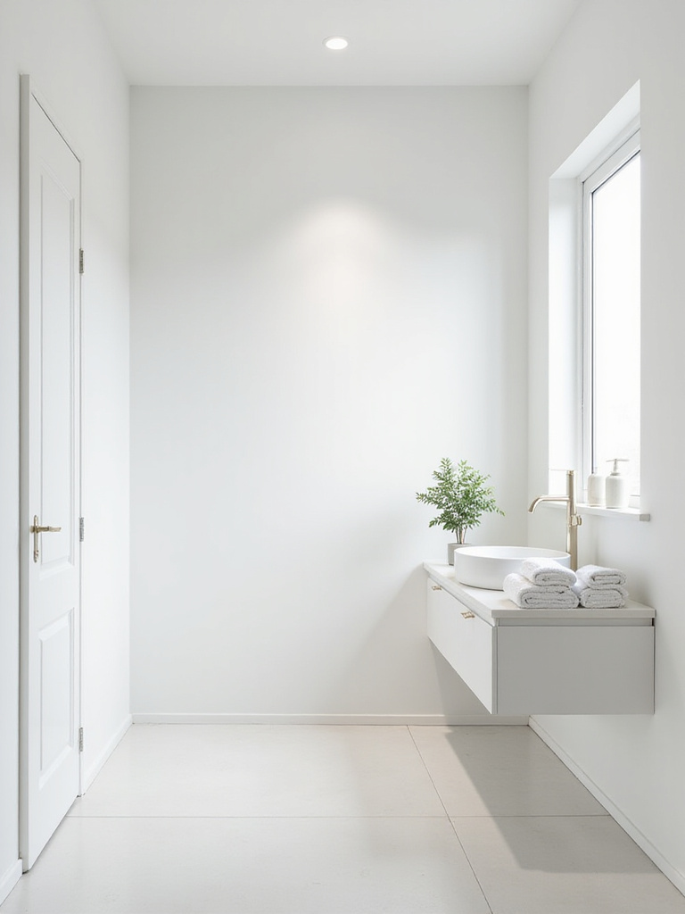Minimalist small bathroom with floating vanity and neatly organized essentials