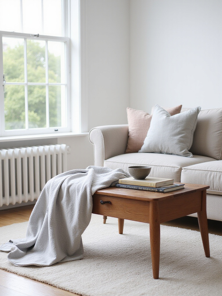 Coffee table with grey linen throw blanket draped over corner, books, and ceramic bowl.
