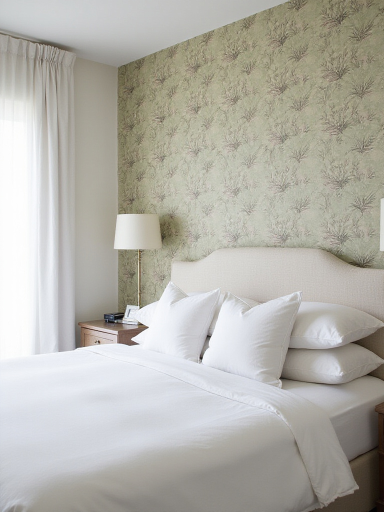 Bedroom accent wall with botanical patterned wallpaper.