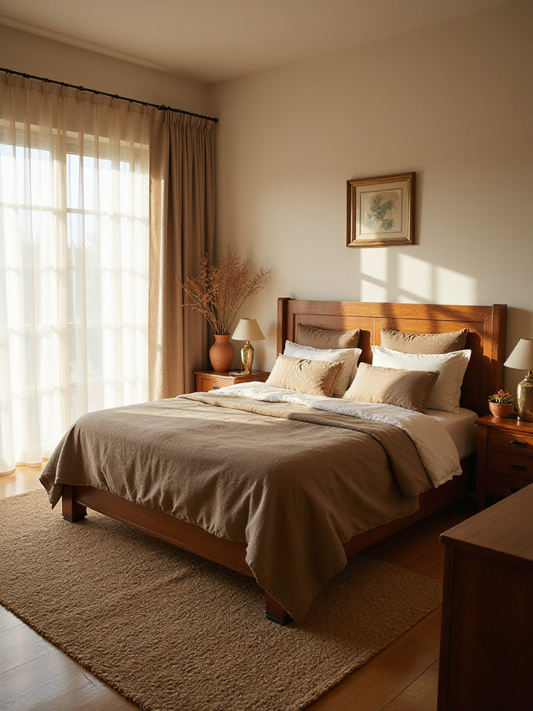 Romantic bedroom with warm earth tone decor for a natural and inviting feel.