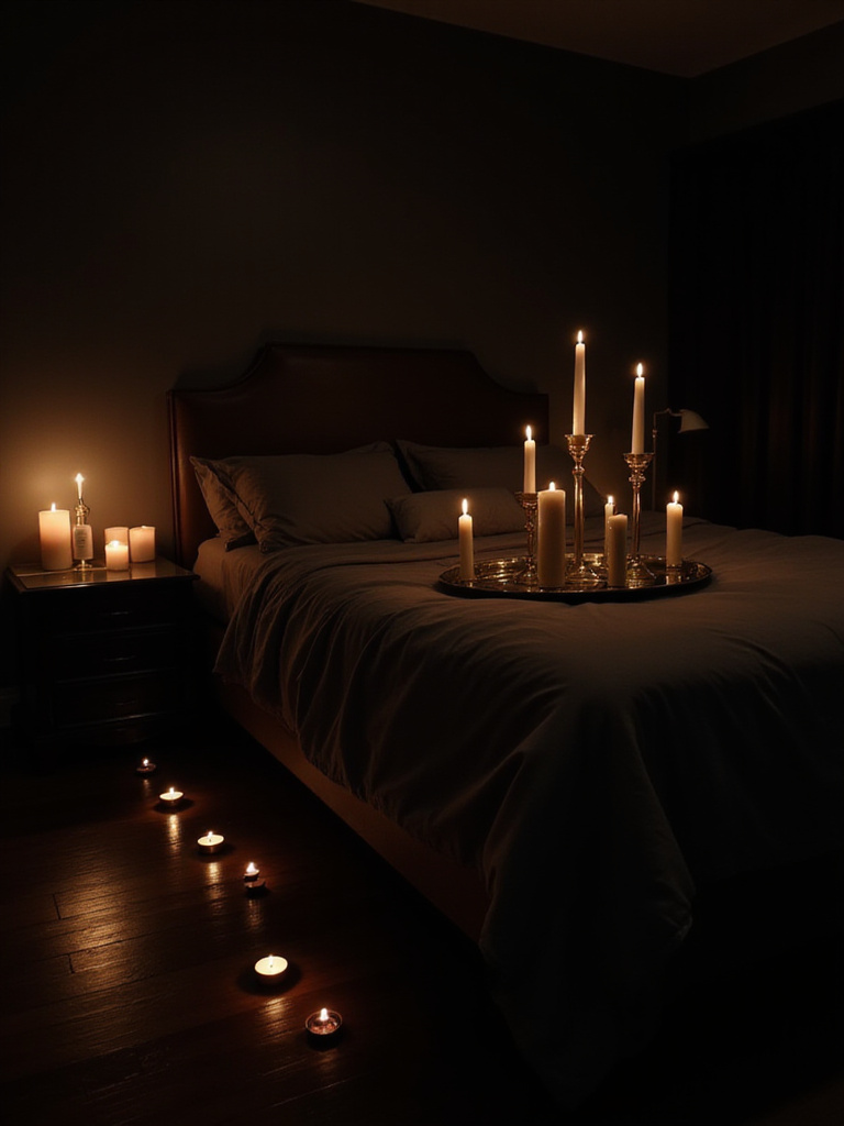 Romantic bedroom with candlelight creating a warm and inviting atmosphere.