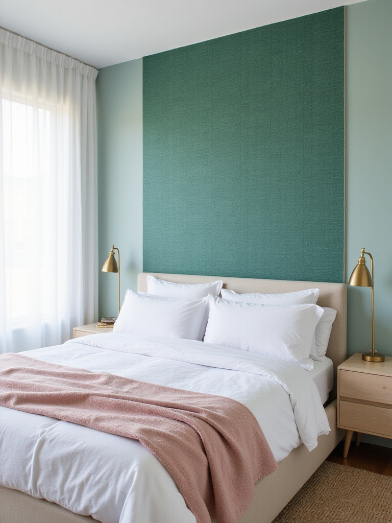 Modern bedroom with emerald green geometric wallpaper accent wall.