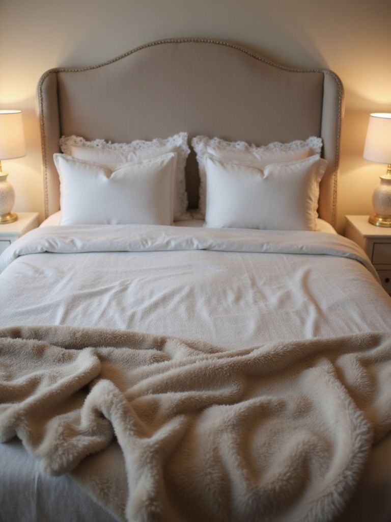 Romantic bedroom decor with faux fur throw and lace pillows.
