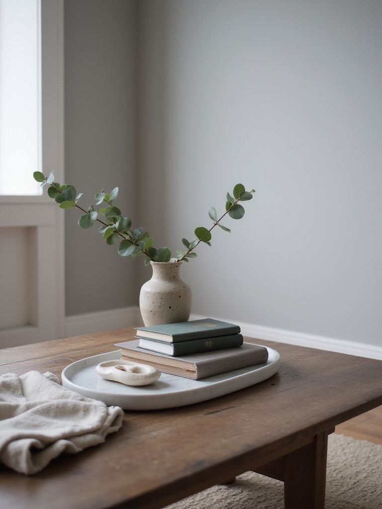 Coffee table decor featuring a mix of textures: wood, marble, ceramic, linen, and paper.