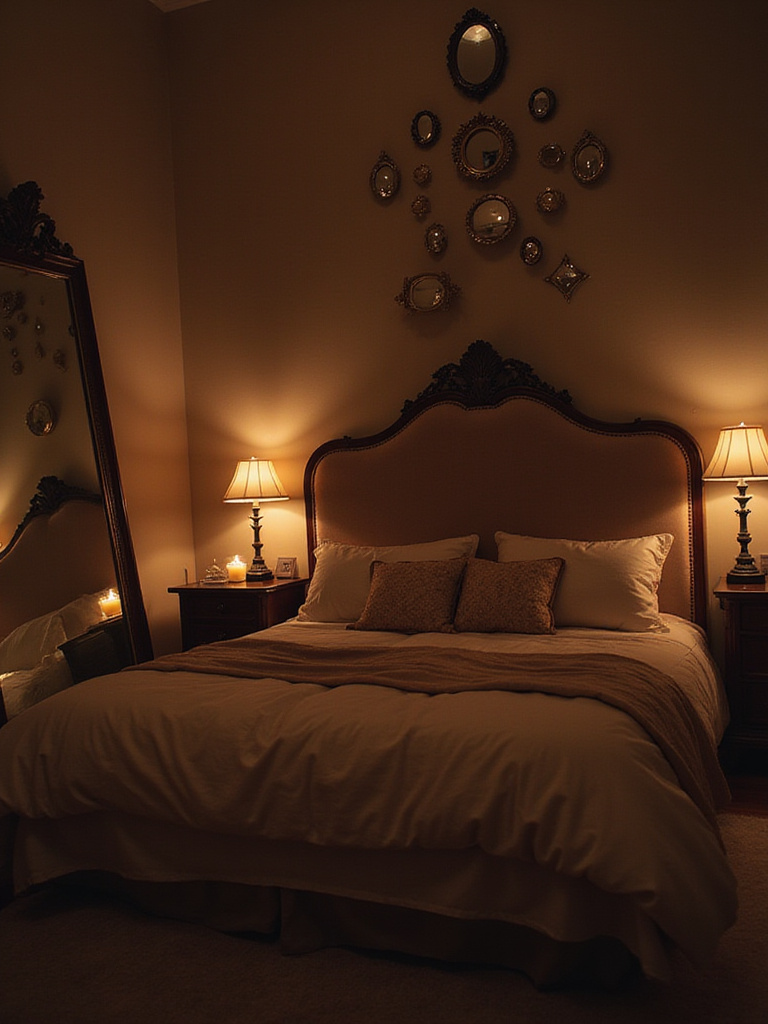 Romantic bedroom with strategically placed mirrors enhancing light and space.