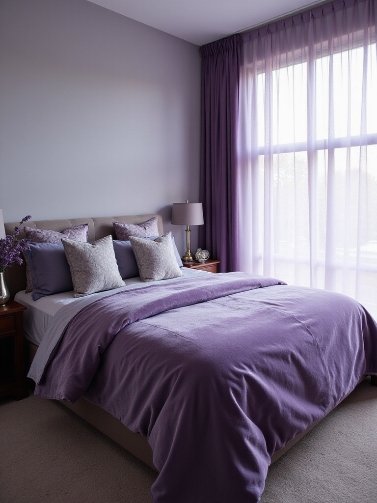 Romantic bedroom with purple velvet comforter, lavender curtains, and silver accents.