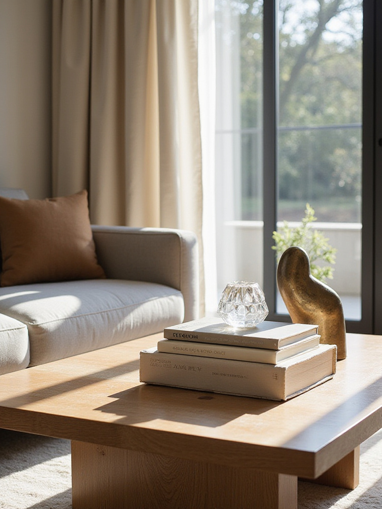 Coffee table decor featuring a bronze sculpture, art books, and a crystal object.
