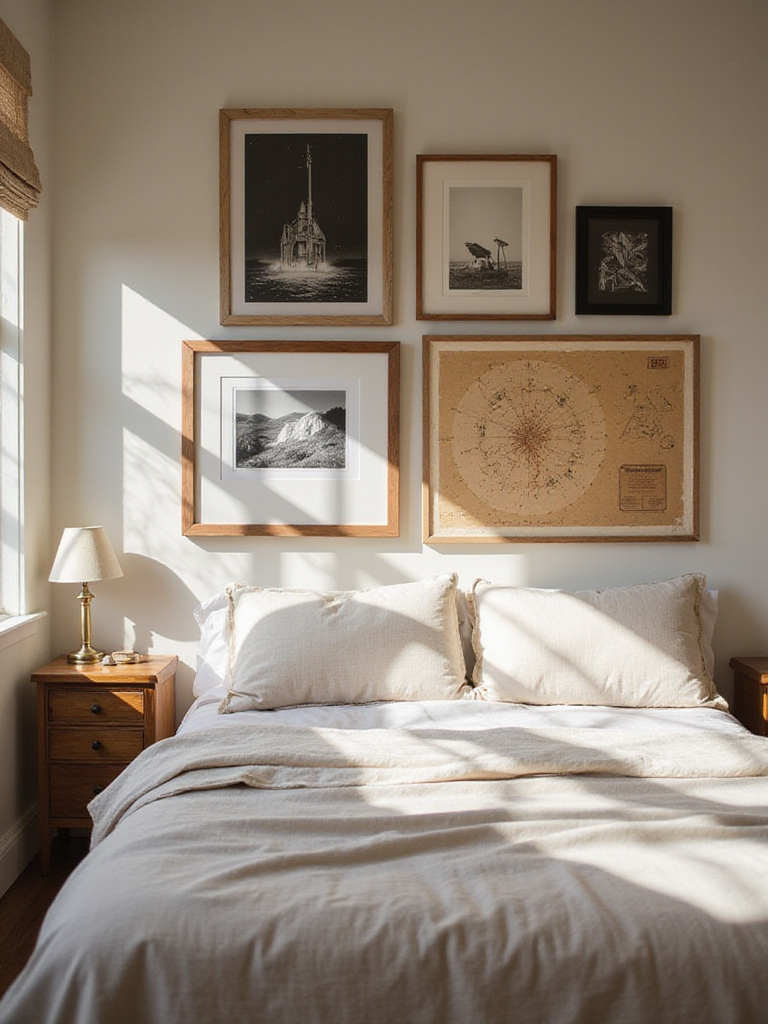 Romantic bedroom with gallery wall featuring love story art