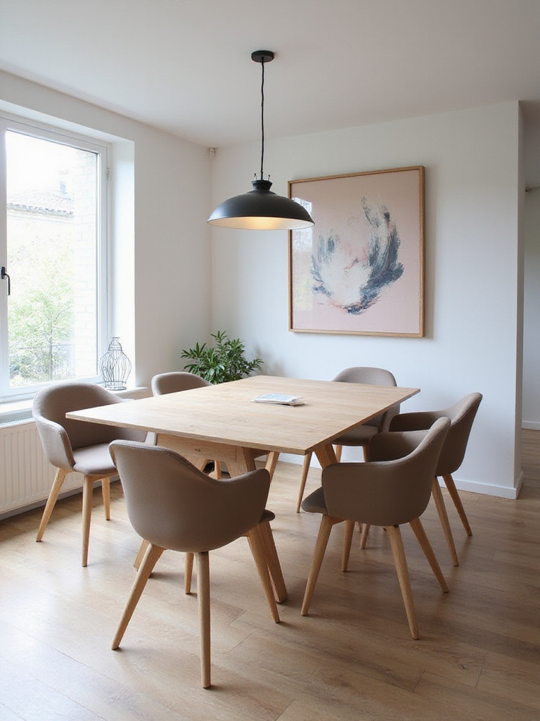 Modern dining room with a light wood extendable table in partially extended state.