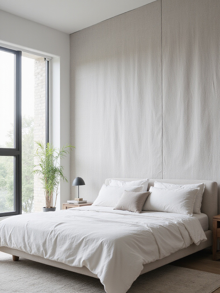 Bedroom featuring a light grey textured linen fabric wall for a cozy and sound-dampened atmosphere.