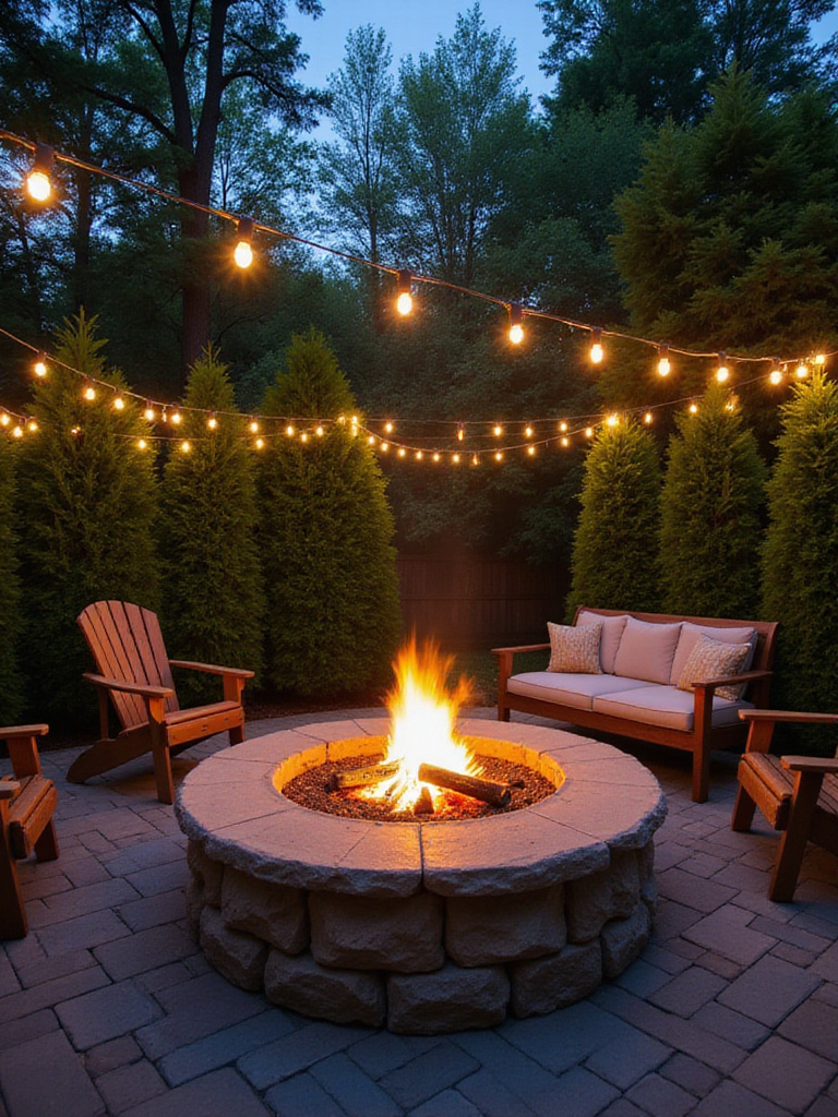 Cozy backyard patio with a stone fire pit surrounded by comfortable seating and string lights.