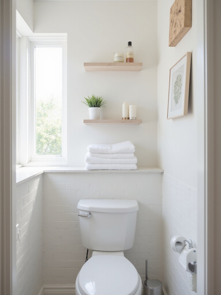 Floating shelves installed above a toilet and on an adjacent wall in a bright, small modern bathroom, holding towels, plants, and toiletries.