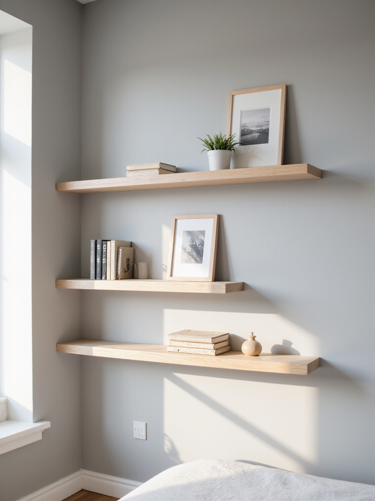 Bedroom wall with light wood floating shelves displaying books, a plant, and a photograph.