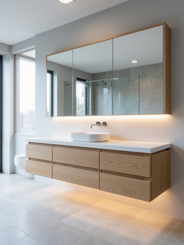 Modern bathroom with light oak floating vanity and LED lighting
