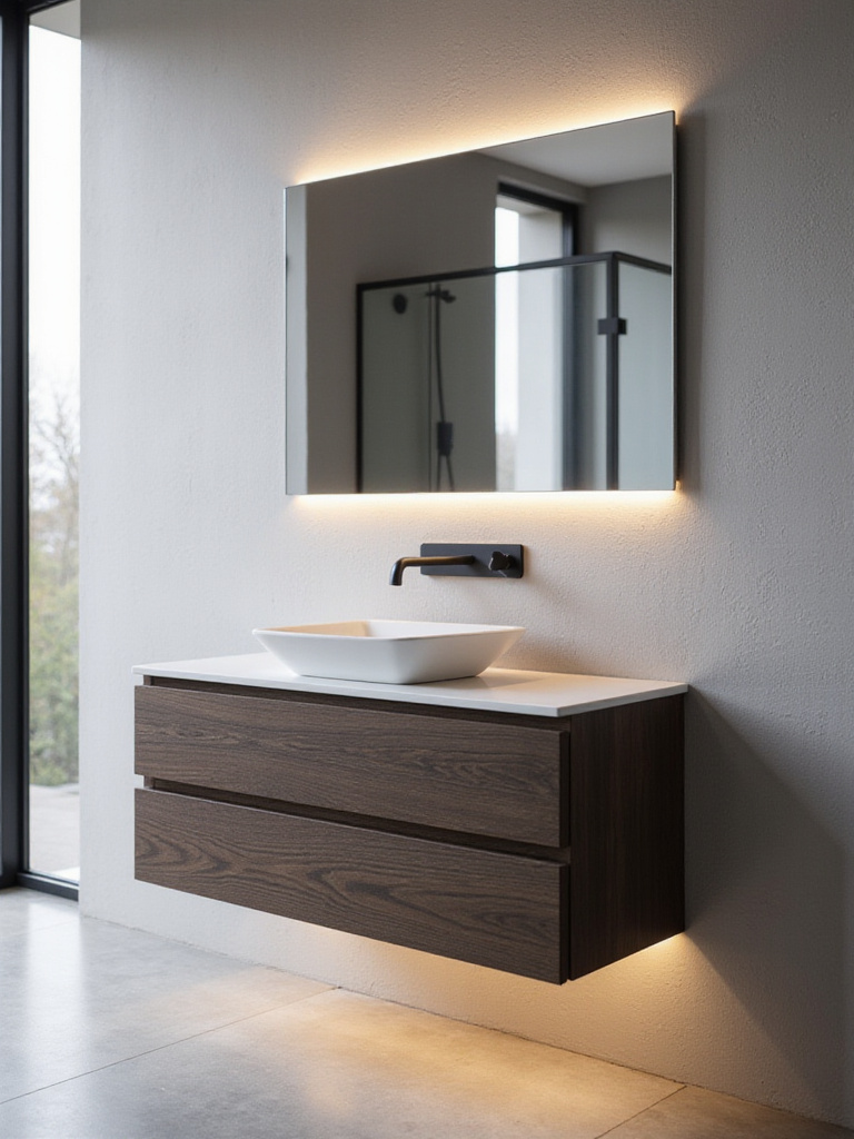 Modern bathroom design with dark wood floating vanity and under-cabinet LED lighting.