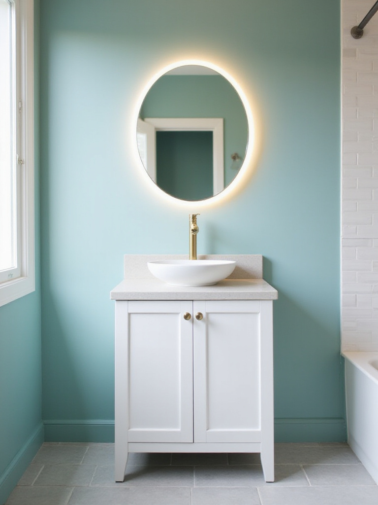 Modern bathroom featuring a new white vanity with brass faucet and an illuminated mirror.