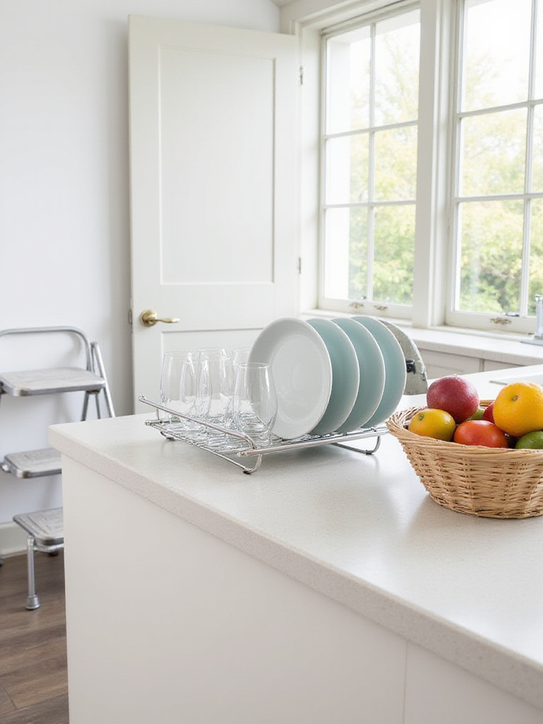 Foldable dish rack, foldable basket with produce, and foldable step stool showcasing space-saving kitchen storage solutions.