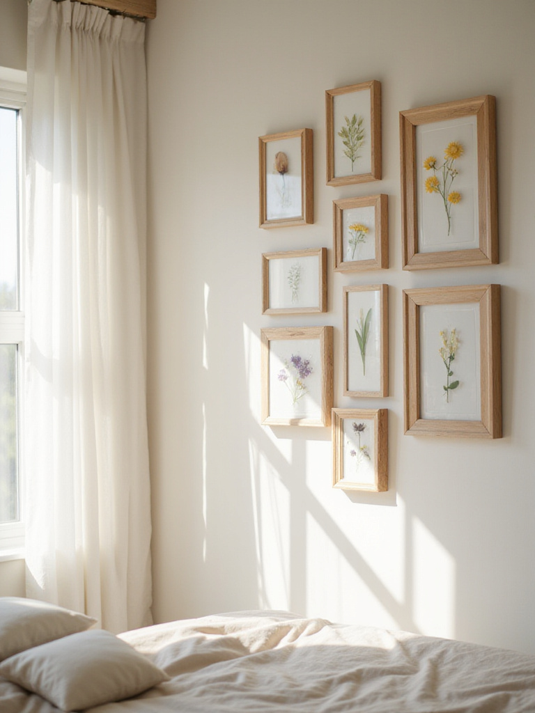 Bedroom wall decorated with framed pressed flowers and leaves