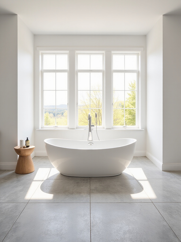 Modern bathroom with a white oval freestanding bathtub as a focal point.