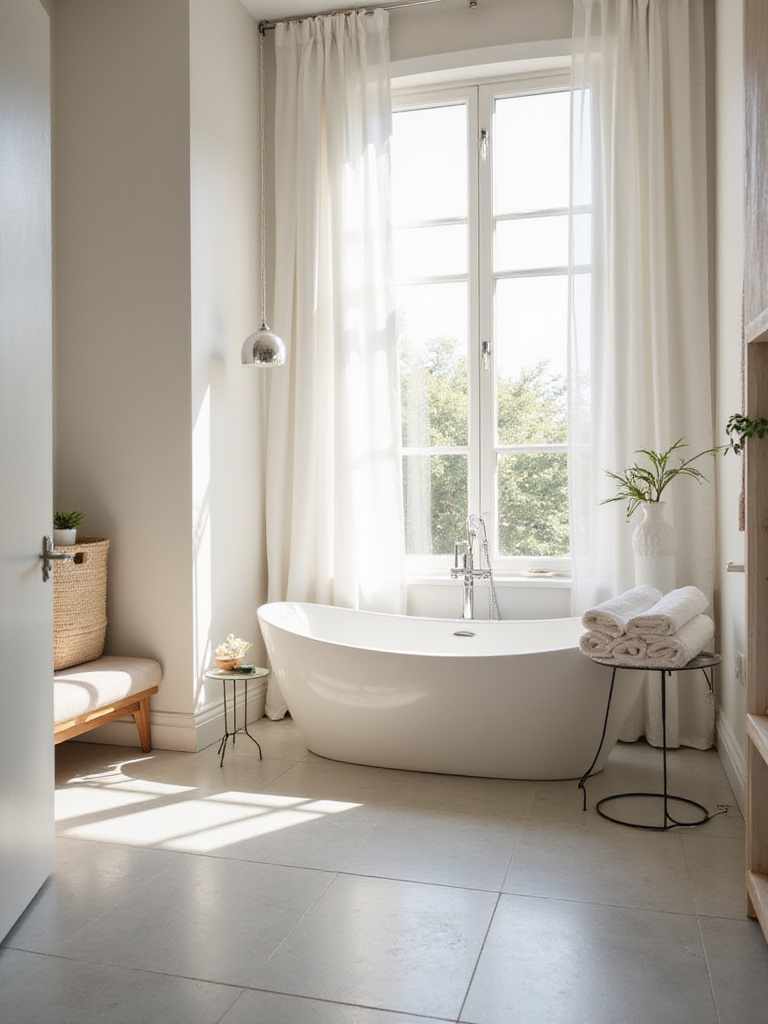 Modern bathroom with a white freestanding tub and large window.