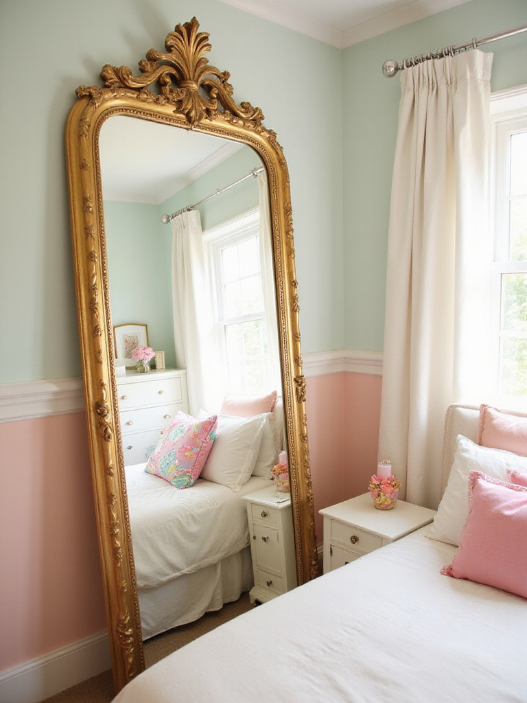 Bright girl's bedroom with a gold-framed full-length mirror creating the illusion of more space.