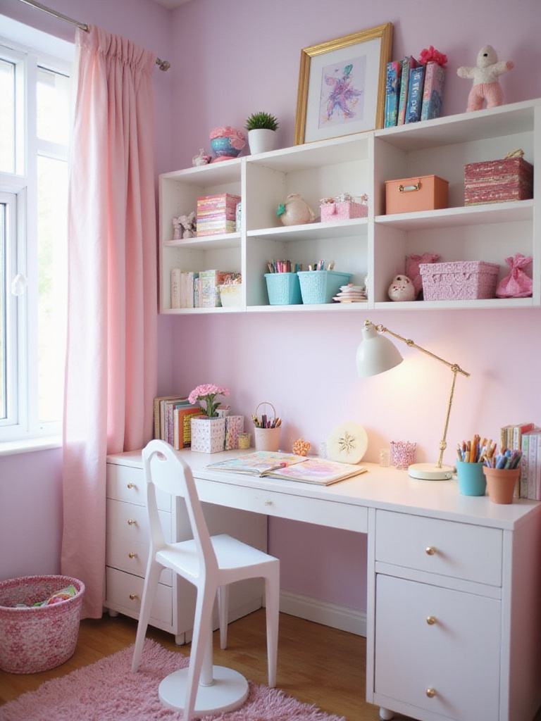 Girl's bedroom with functional desk and organizers for homework and art