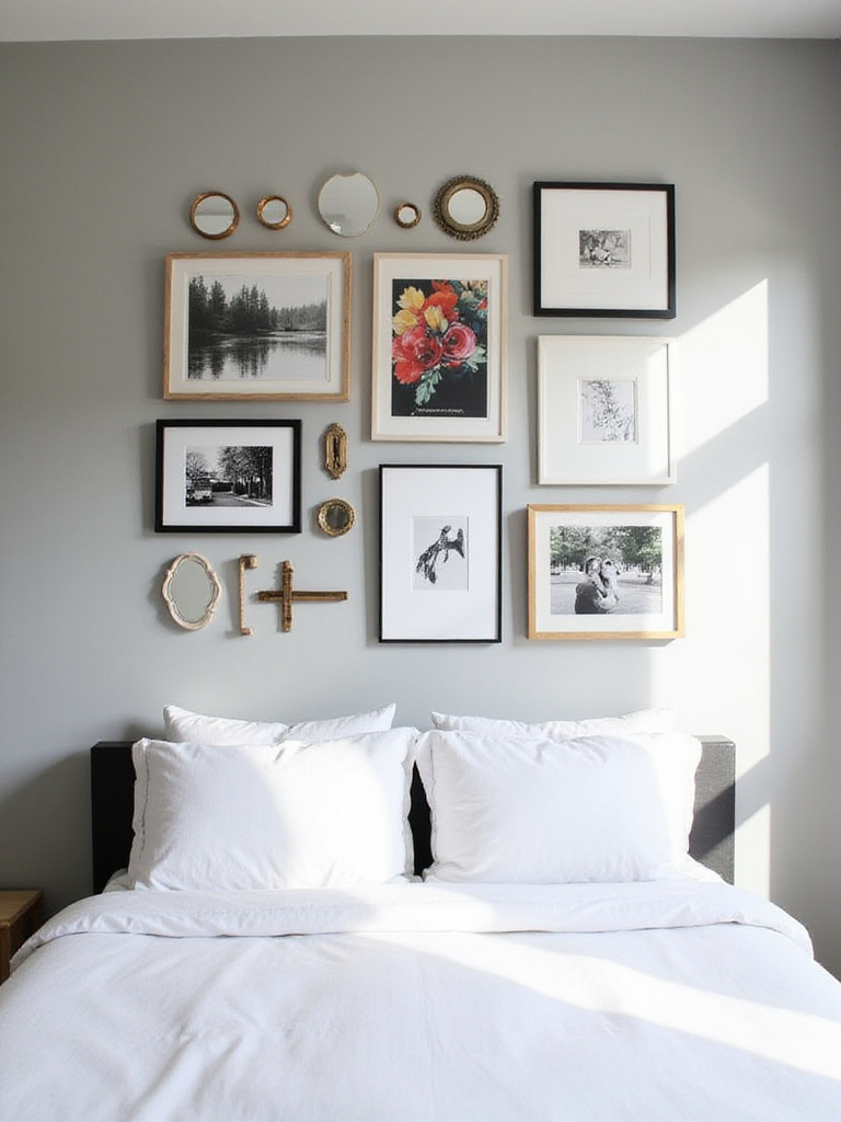 Bedroom with a gallery wall featuring a mix of art prints, photographs, and mirrors.