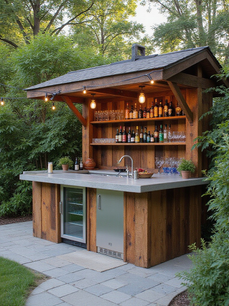 Stylish outdoor bar area with reclaimed wood and concrete countertop on a stone patio.