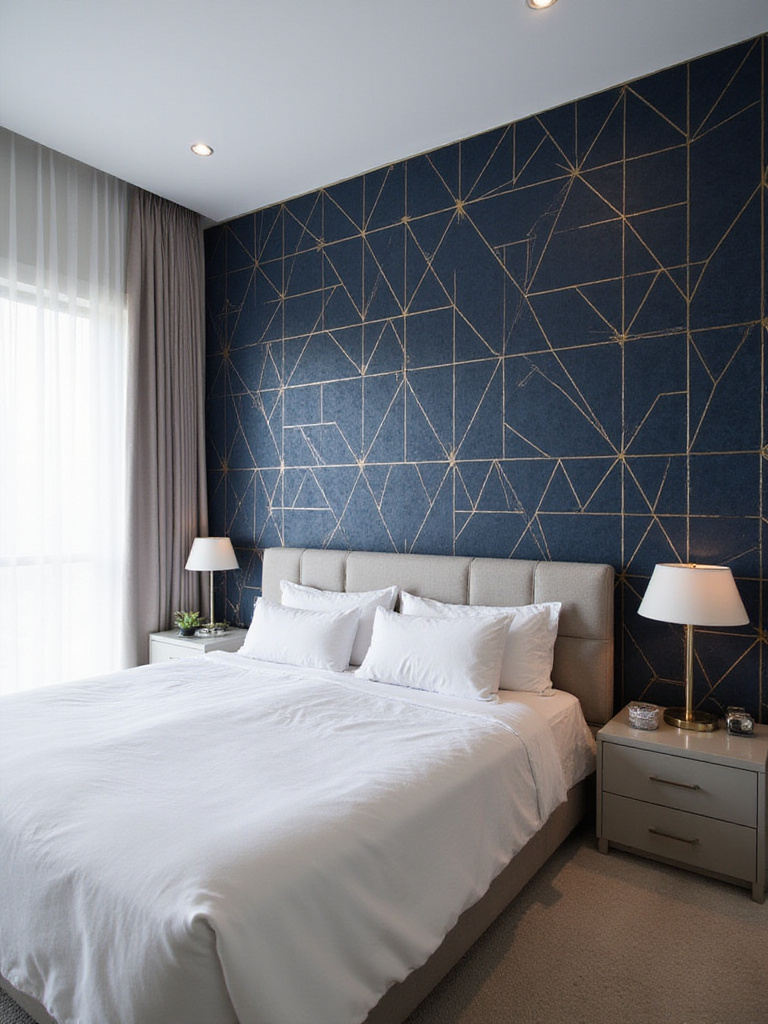 Modern bedroom with navy and gold geometric wallpaper accent wall
