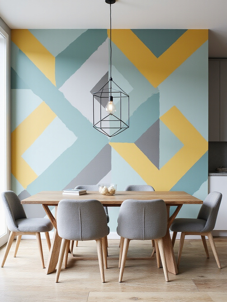 Modern dining room with geometric patterned wallpaper accent wall.