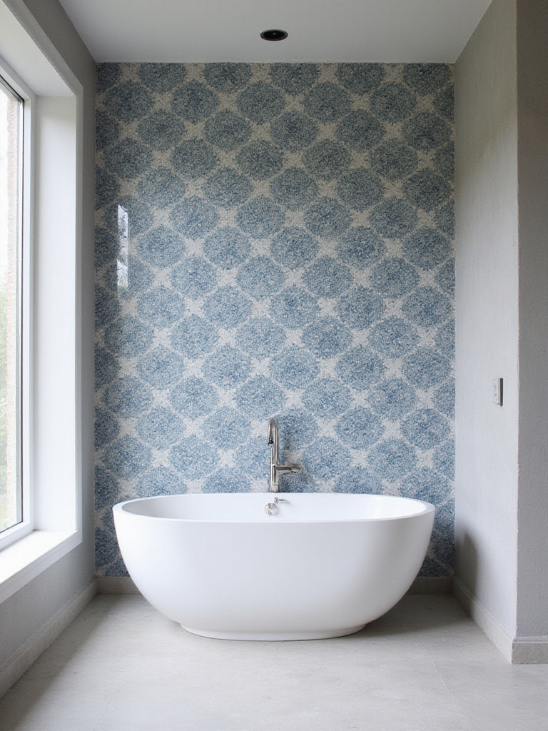 Modern bathroom with geometric tile accent wall behind a freestanding tub.
