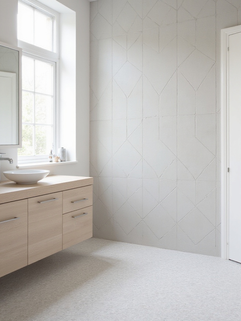 Modern bathroom with geometric tile floor and wall featuring hexagonal and triangular patterns.