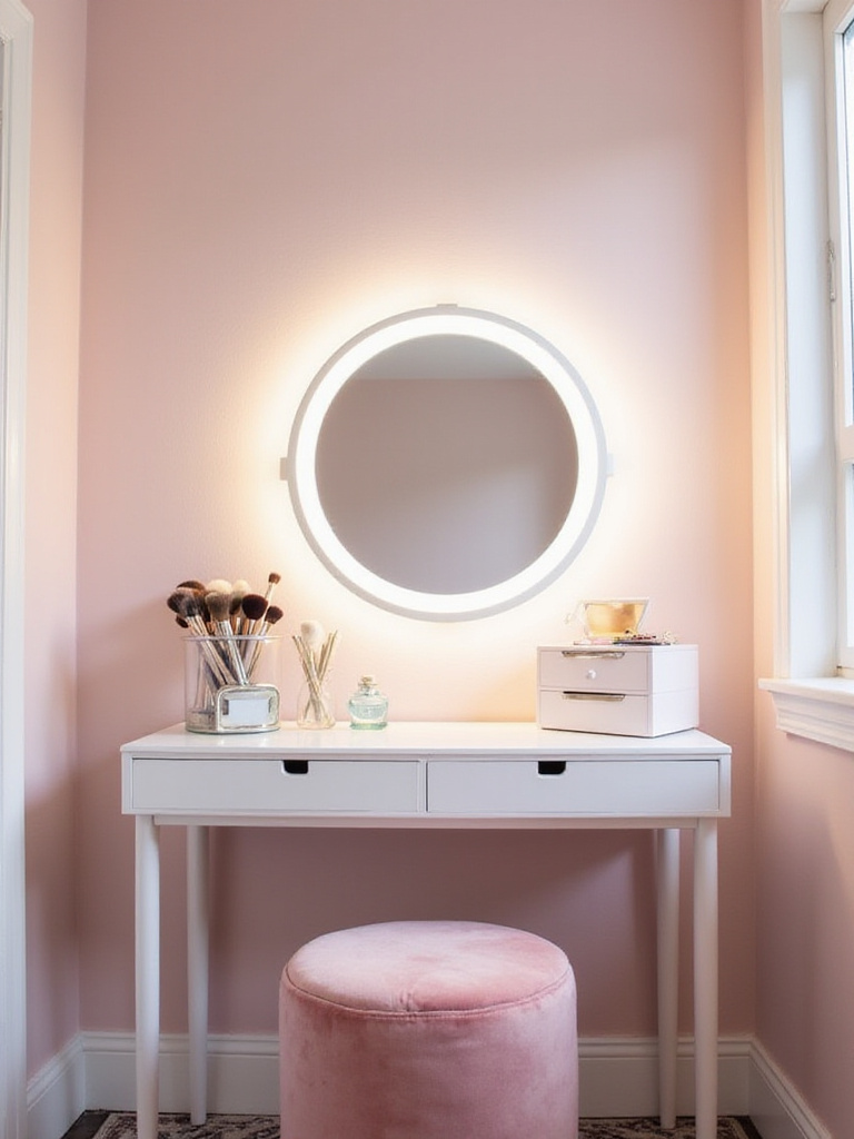 Glamorous vanity mirror with lights in a girl's bedroom, featuring organized makeup and soft pink decor.