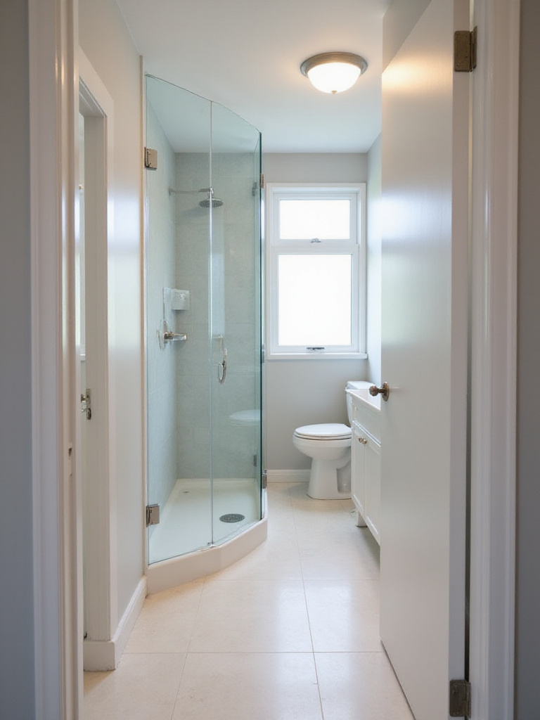 Modern small bathroom with a clear frameless glass shower enclosure, enhancing the sense of space and allowing light to flow freely.