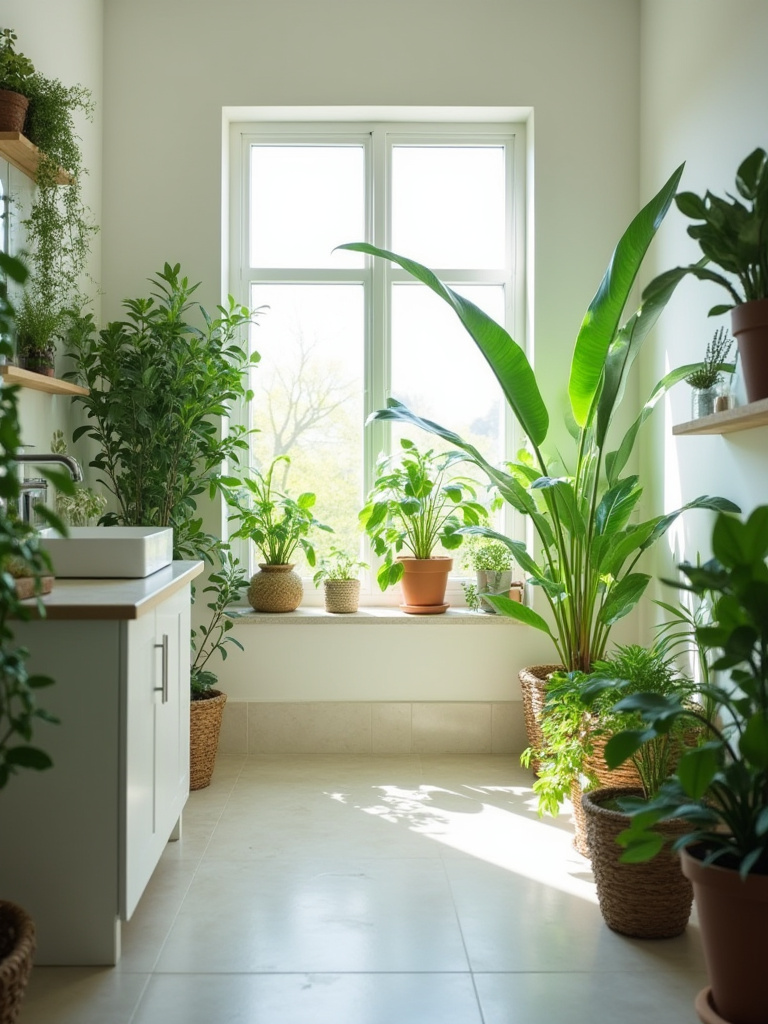 Bathroom remodel featuring lush green plants for a refreshing and spa-like atmosphere.