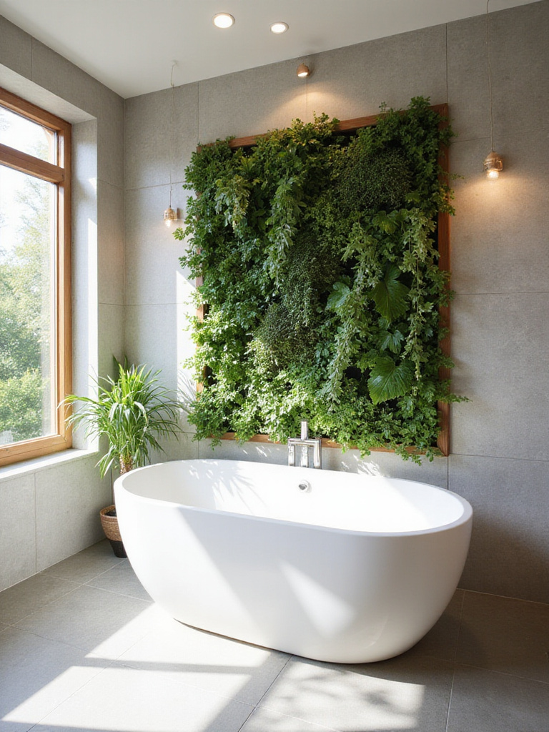 Modern bathroom with a lush green vertical garden and freestanding bathtub