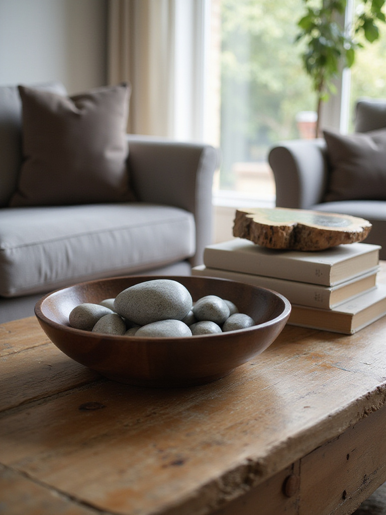 Coffee table decor featuring natural elements like river stones and petrified wood.