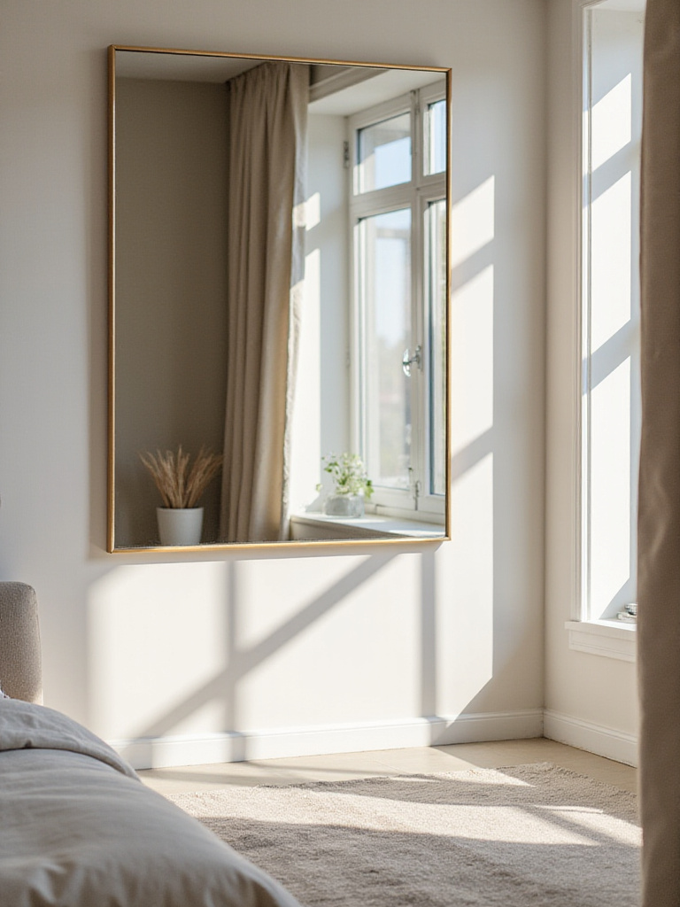 Bedroom with large mirror reflecting natural light, creating a sense of space.