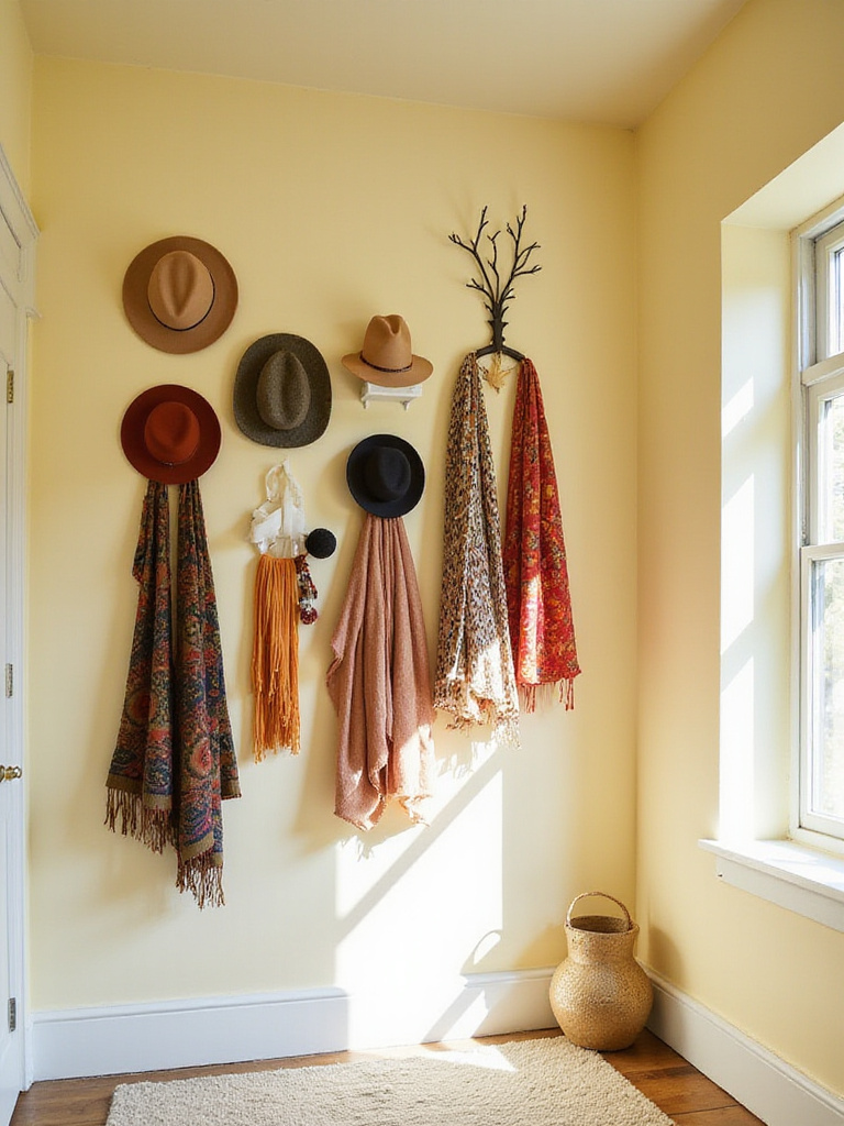 Bedroom wall decorated with a collection of hats and scarves.